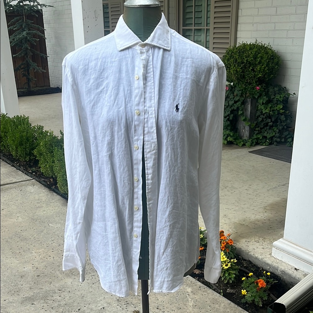 Mens Ralph Lauren White Linen Casual Button Down Shirt